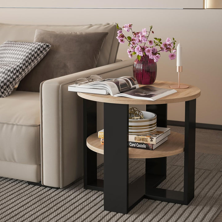 Couchtisch rund Ø53 cm - Kleiner Beistelltisch mit Ablage - Sonoma Eiche - 2 Ebenen, runder moderner