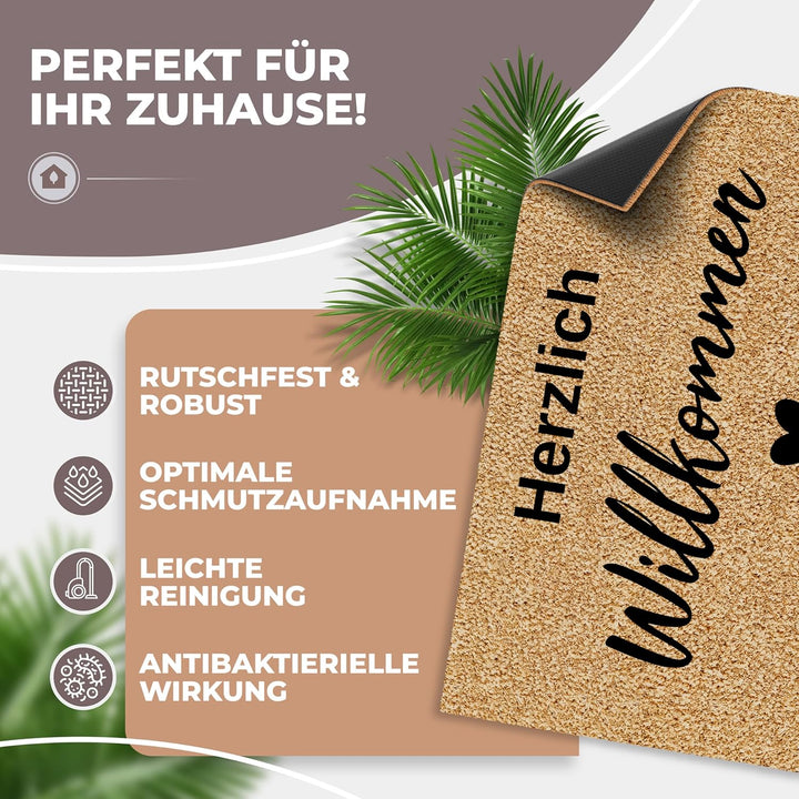Kokos Fussmatte 60x40 Willkommen I Extra langlebige & rutschfeste Kokosmatte I Für Innen & Überdacht