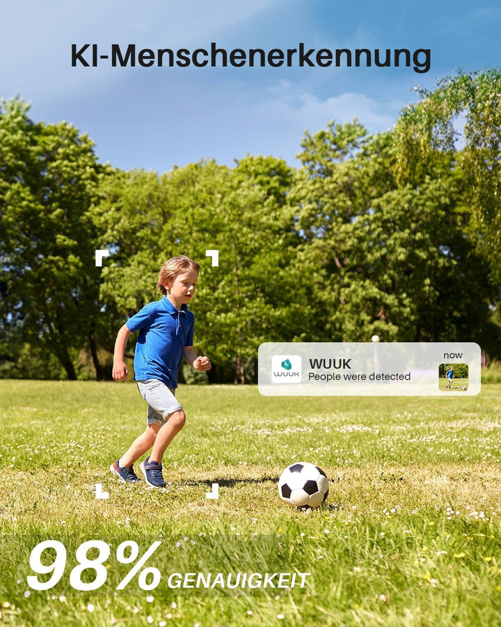 WUUK Überwachungskamera Aussen Wireless 2K, 240 Tagen Akku, 32 GB Lokalem Speicher Ohne ABO, Homebas