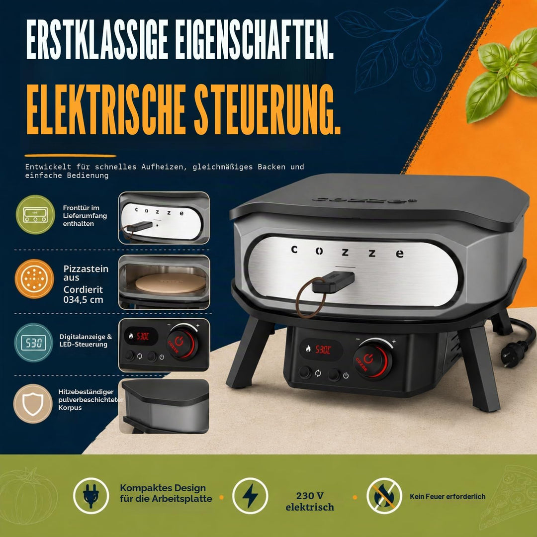 cozze® 13" PREMIUM ROTATE Pizzaofen Elektrisch mit Drehstein inkl. Regler und 2 m. Stecker – Perfekt