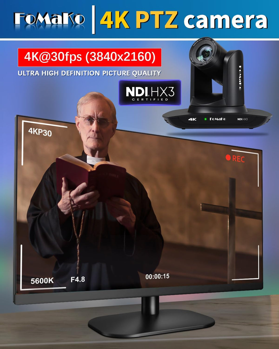 FoMaKo 4K PTZ NDI Kamera Set mit NDI PTZ Controller, NDI HX3 KI-Tracking 20x Optischer Zoom, mit HDM