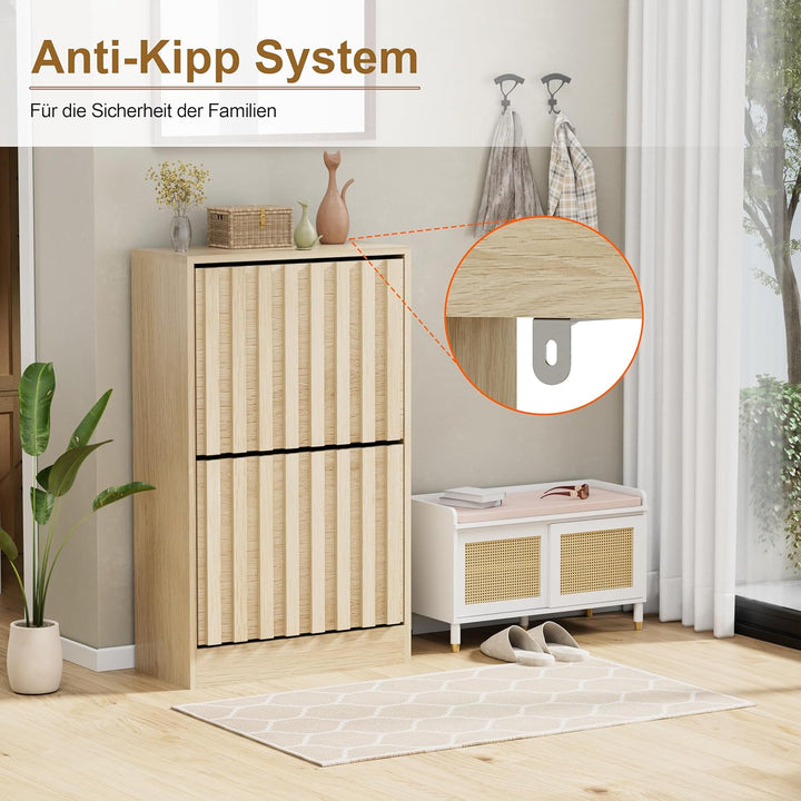 UEV Schuhschrank mit 2 Klappen Holz Schmal Schuhkipper Schuhkommode mit Kippschutz, Schuhaufbewahrun