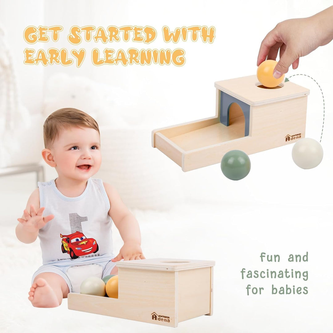 Adena Montessori Object Permanence Box mit Tablett, DREI Holzkugeln, Montessori-Spielzeug für 6–12 M