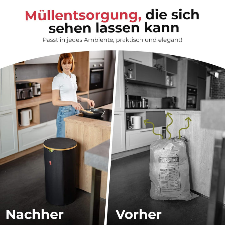 Levio® Gelber Sack Ständer mit Deckel – Müllsackhalter & Müllsackständer [80L mit Geruchsfilter] – M