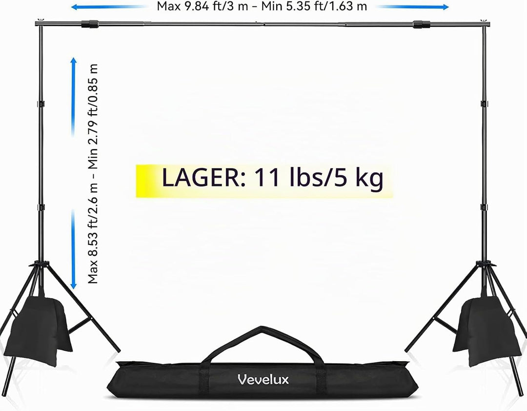 Vevelux 2.6 x 3 M Foto Hintergrund Ständer, Verstellbarer Hintergrundsystem mit 4 Klammer, 2 Sandsac