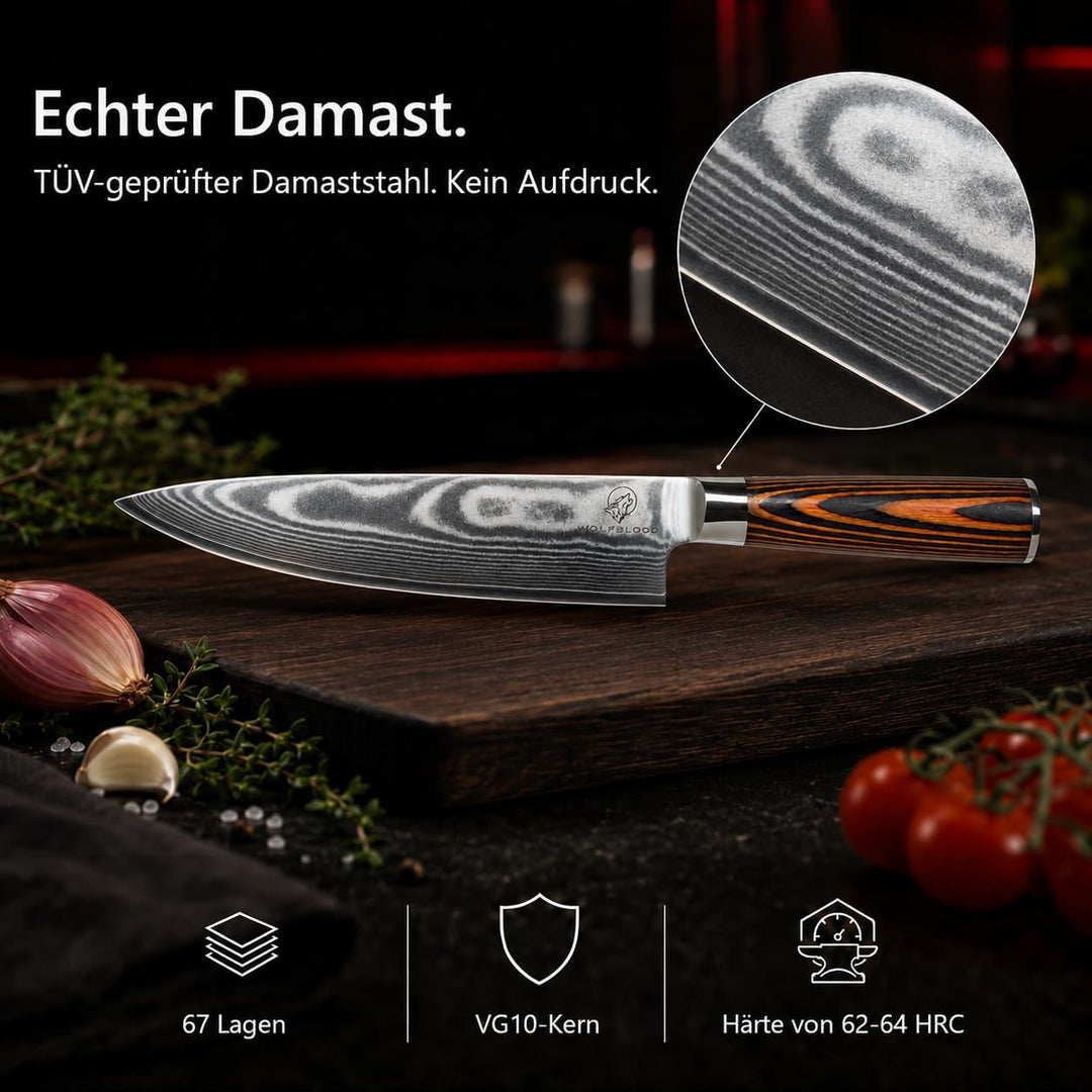 Wolfblood Damastmesser Küchenmesser XL(32cm) Profi-Kochmesser aus 67 Lagen Damaststahl &amp; VG10 Allzwe