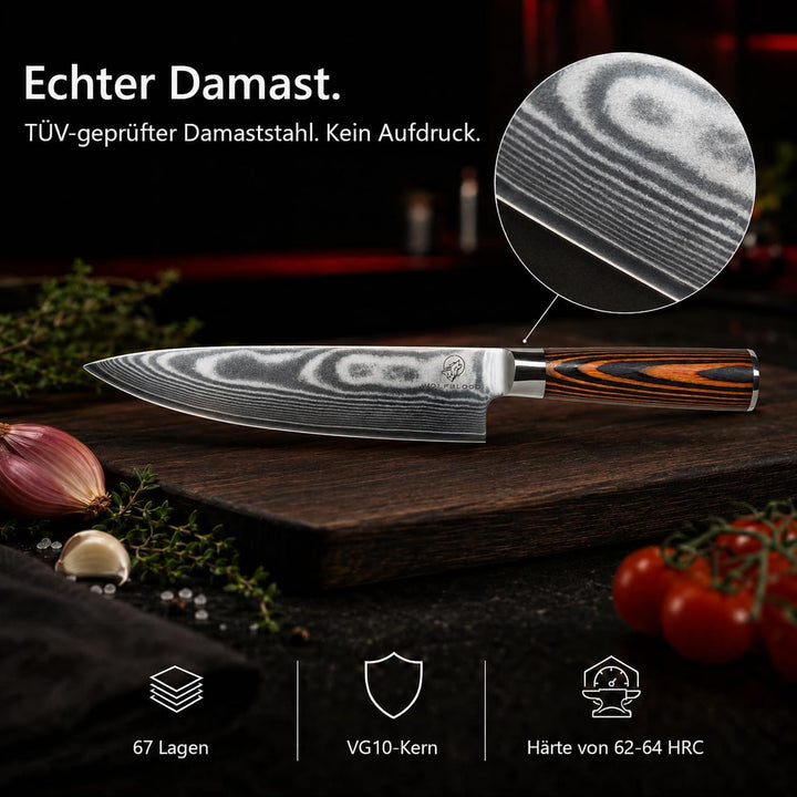 Wolfblood Damastmesser Küchenmesser XL(32cm) Profi-Kochmesser aus 67 Lagen Damaststahl &amp; VG10 Allzwe