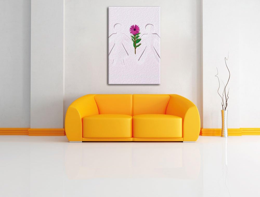 Pixxprint Strichmännchen mit Blume schwarz/weiss, Format: 80x120 auf hochkantiges Leinwand, XXL ries