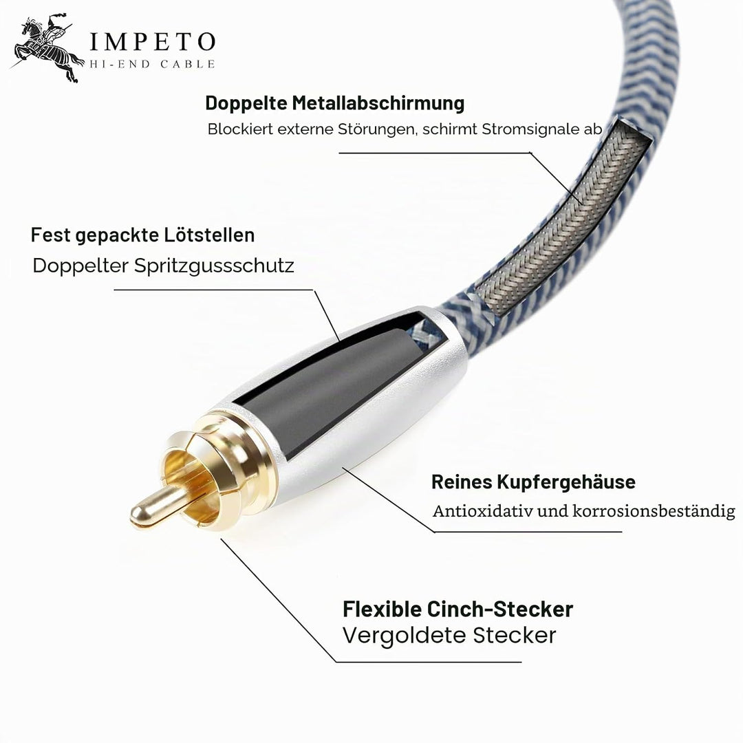 Impeto Subwoofer Kabel Y Cinch 2 auf 1 Subwoofer Cable RCA 2 auf 1 Audiophile HIFI Cinch-Y-Kabel, Au