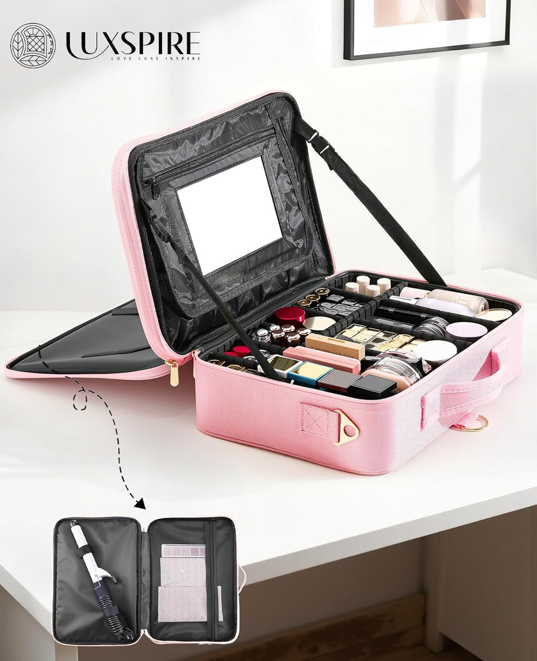 Luxspire 3 Schichten professioneller Makeup-Zug-Koffer, grosser Reise-Kosmetik-Organizer mit Spiegel