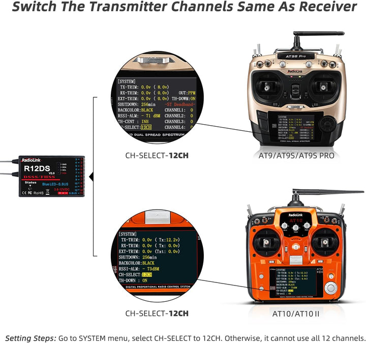 RadioLink R12DS 2.4G 12CH Empfänger für AT9 AT9S AT10 AT10II Sender RC Teile Flugzeug Luftbildgerät