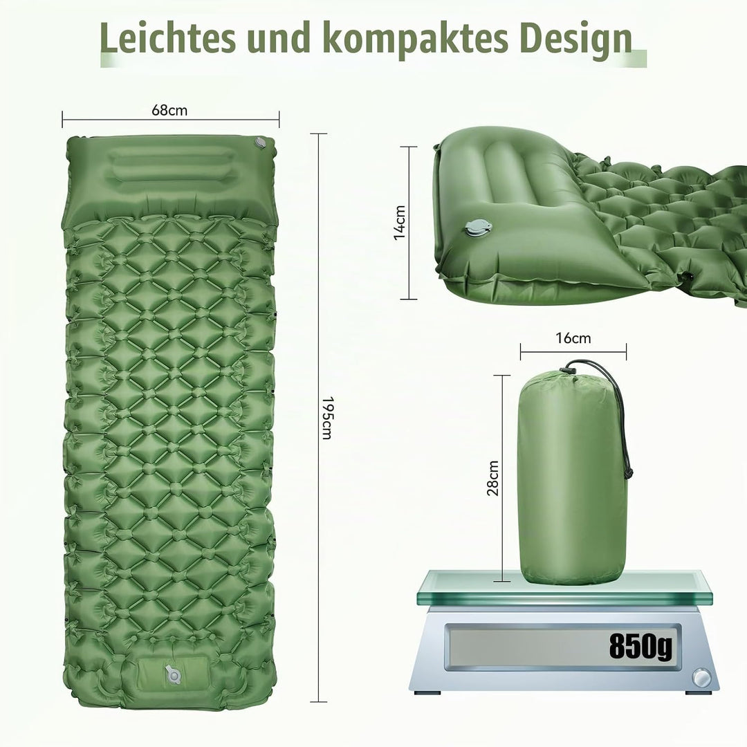 Isomatte Camping, Luftmatratze Ultraleicht mit Fusspresspumpe&amp; Kissen, Aufblasbare Verbindbar Matrat
