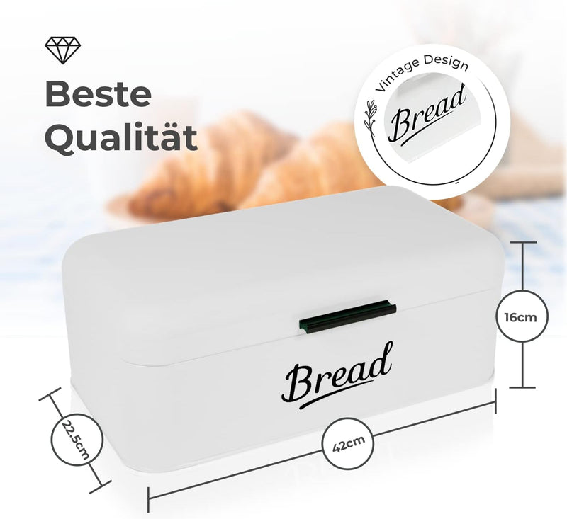 DRULINE Brotkasten mit Klappdeckel - Brotkasten Retro - Brotaufbewahrung - Brotbox - Metall weiss/sc