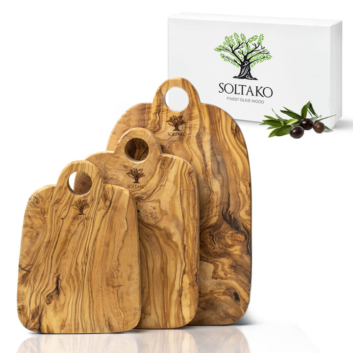 SOLTAKO massive 3er Set Olivenholzbretter Geschenkset Steakbrett aus Olivenholz für Feinschmecker, S