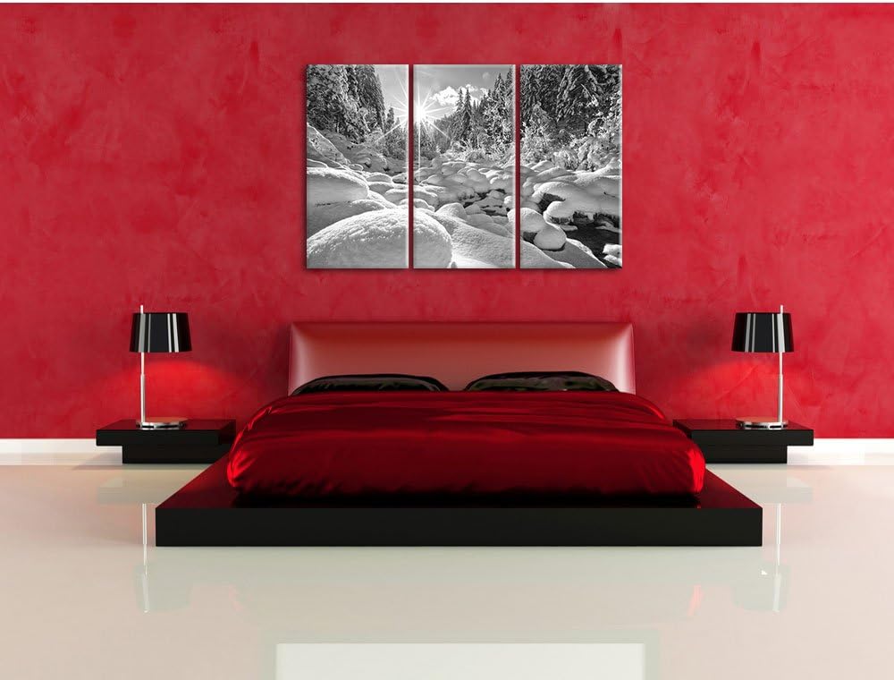 Pixxprint Sonnenstrahlenbedeckten Wald B&W / 3-Teilig/Gesamtmass 120cm Leinwandbild bespannt auf Hol