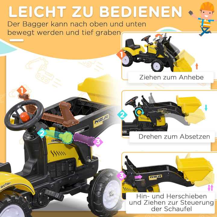 HOMCOM Trettraktor mit Ablagefach Schaufel Lader Traktor Tretfahrzeug für 3-jährige Kinder Gelb+Schw