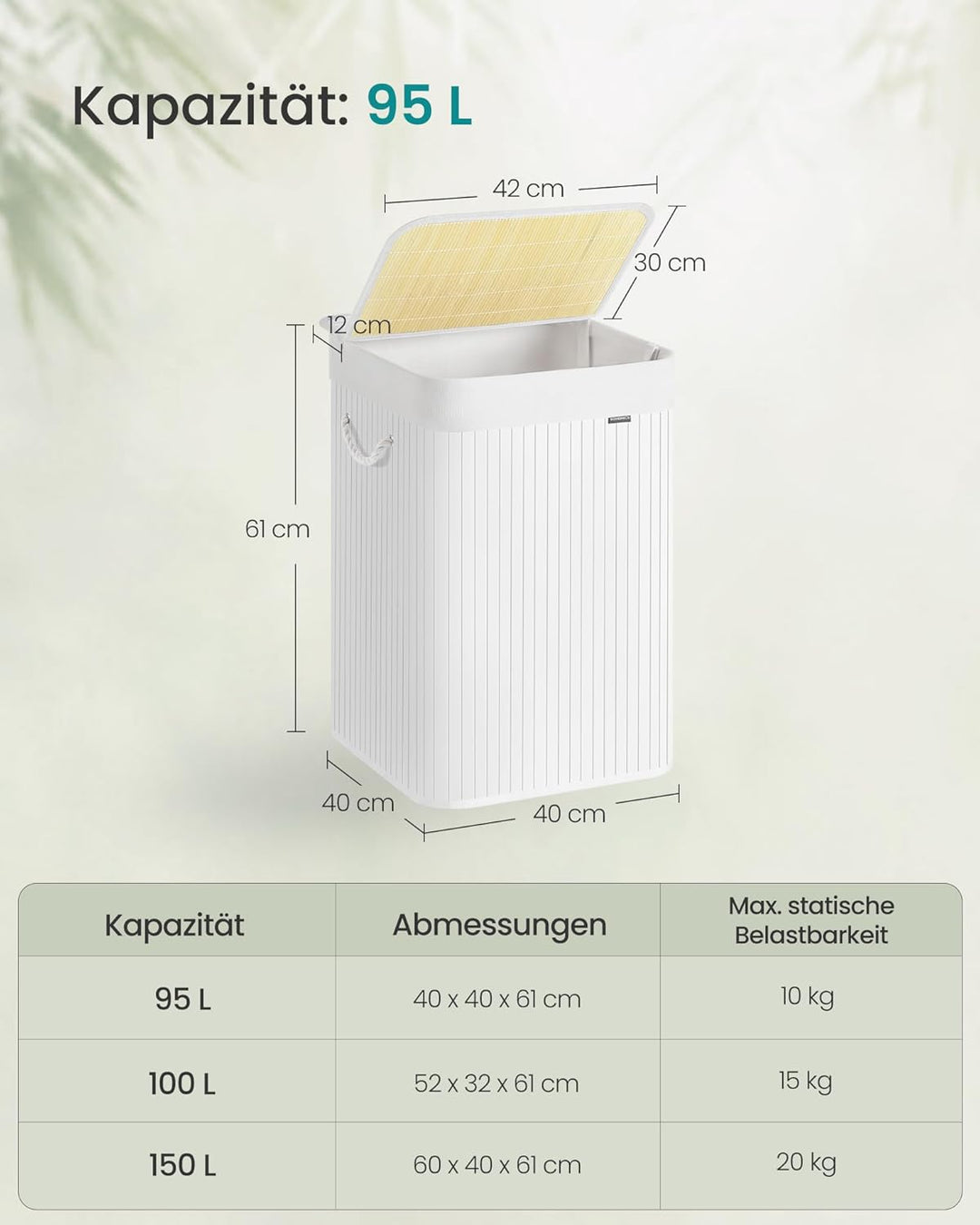 SONGMICS Wäschekorb, 95 L Wäschesammler mit Deckel, Wäschebox Bambus, mit Griffen, faltbar, Wäschesa