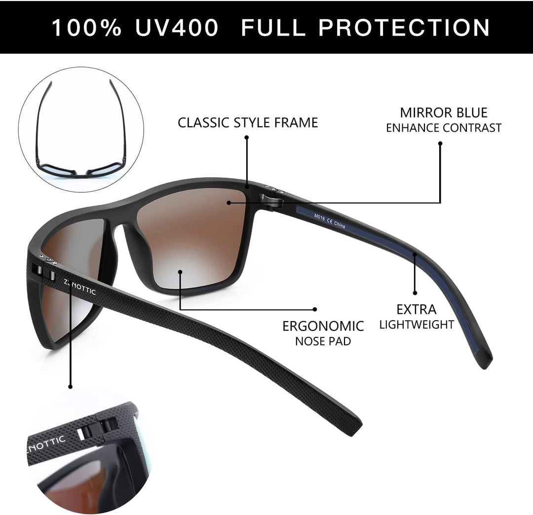 ZENOTTIC Sonnenbrille Herren Polarisiert Leichte TR90 Rahmen UV400 Schutz Quadrat Sonnenbrille C004