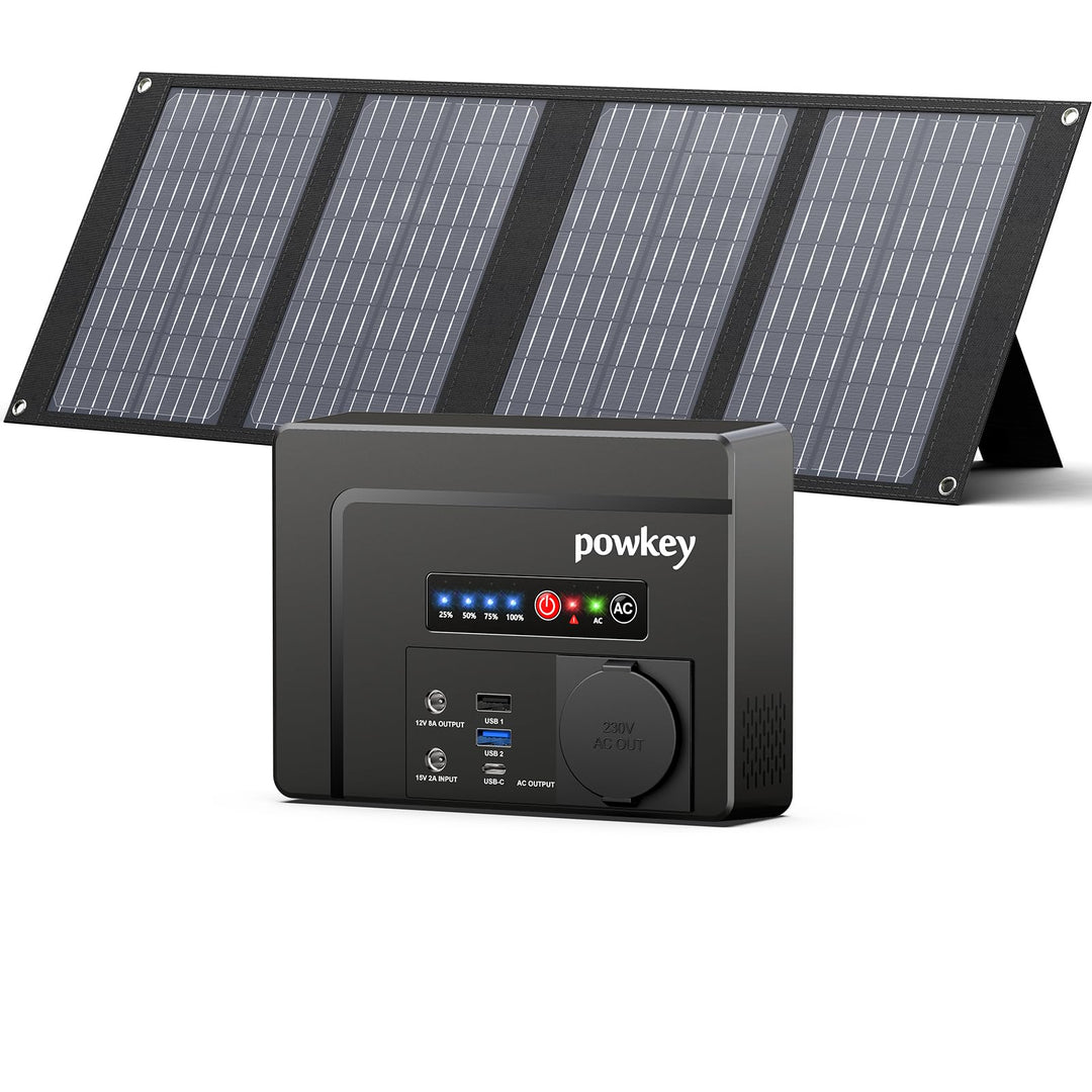 Powkey Tragbare Powerstation 26400mAh/97.68Wh mit Faltbares Solarpanel 40Watt,100W Solargenerator mi