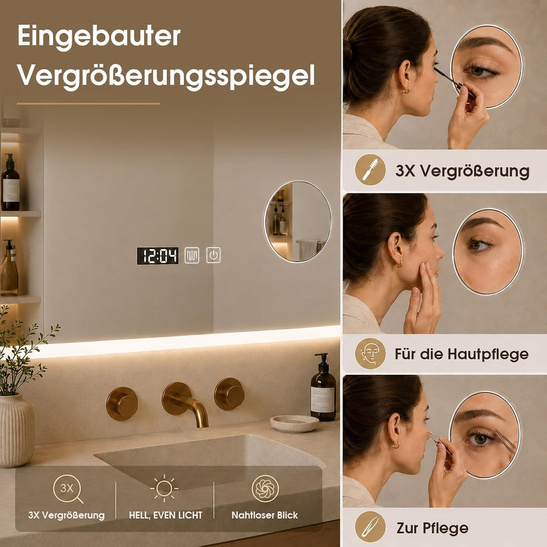 Badspiegel mit Beleuchtung, 60 x 80 cm Zeit anzeigen 3 Farben Dimmbar | Spiegel mit LED Licht Anti N