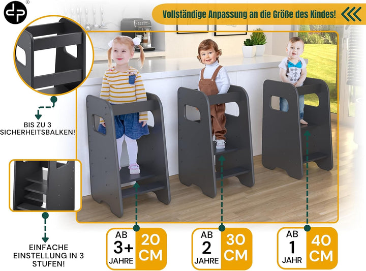Lernturm ab 1 Jahr - 3 Stufen Höhenverstellbar, Sicher & Stabil - Learning Tower mit Kippschutz - Le