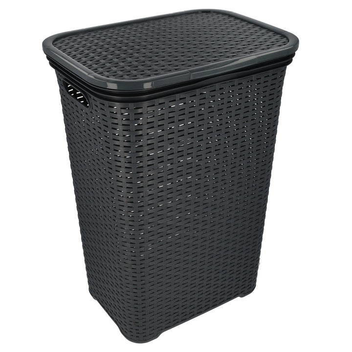 HRB Wäschekorb mit Deckel Rattan, Wäscheaufbewahrung aus Kunststoff, Wäsche Sortierer (65 L - Eckig,