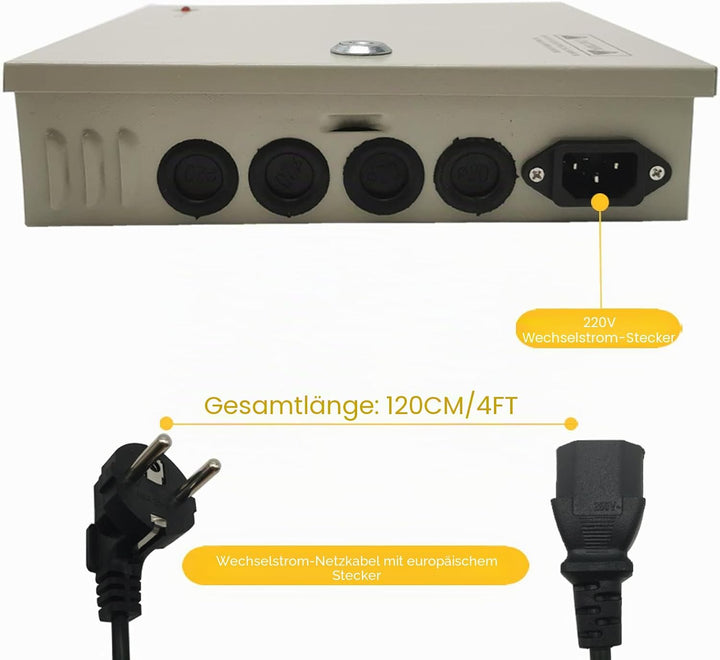 CCTV Netzteil 12V 10A DC 120W, 9 Kanal Überwachungskamera Netzteilkasten mit Metallgehäuse & Schloss