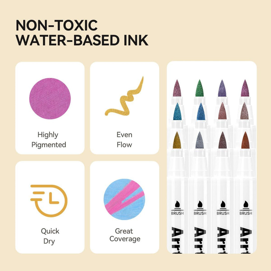 Arrtx 12 Farben Metallic Acrylstifte, Glitzermarker für Felsmalerei, Glitzer stifte mit extra feiner