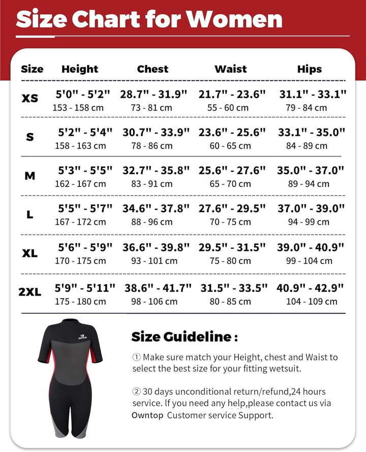 Owntop Neoprenanzug kurz Herren &amp; Damen, 3/2 mm Neopren Wetsuit für Tauchen, Surfen, Schwimmen und K
