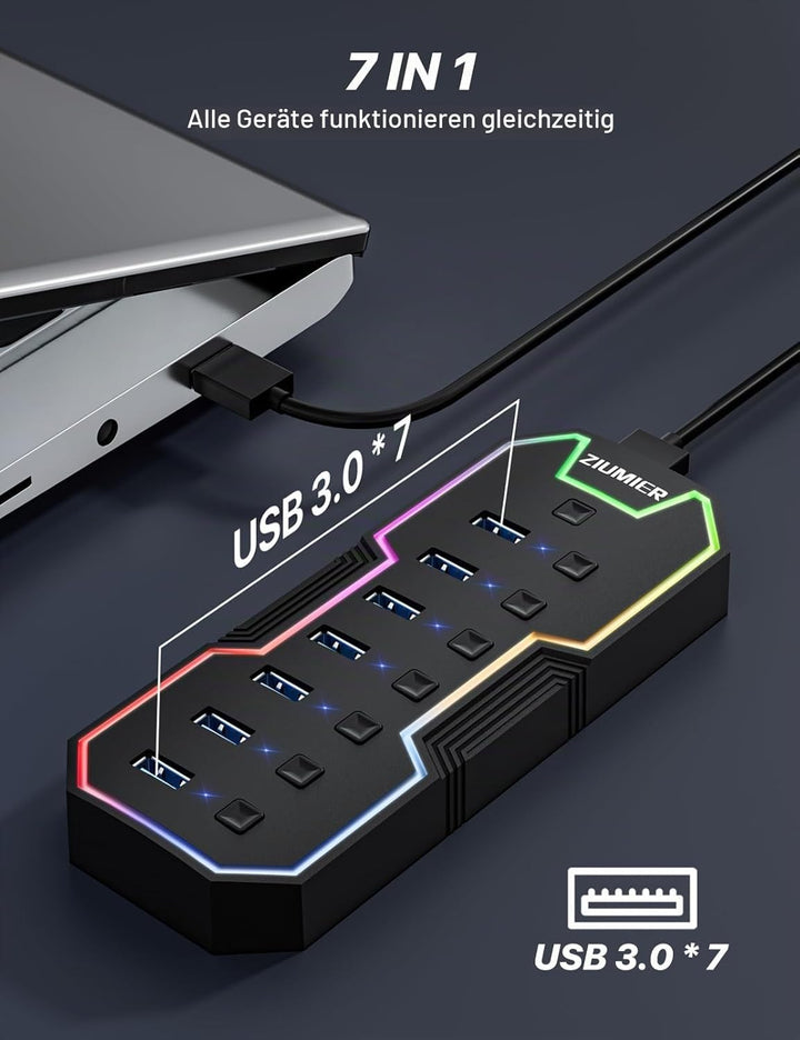 ZIUMIER USB 3.0-Hub, 7-Port-USB-Expander mit RGB-LED-Streifen für MacBook, Mac Pro, Mac mini, iMac,