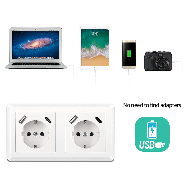 Kaifire Doppelsteckdose mit 2 USB Ladegerät und 2 Typ C, Schuko USB Steckdose Unterputz System 55 Re
