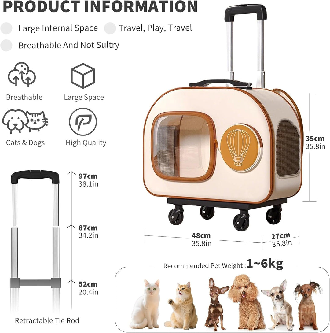 PETCUTE Hundetransportbox mit Rollen,Faltbarer Katzenrucksack mit Innerer Sicherheitsleine,Tragbar u