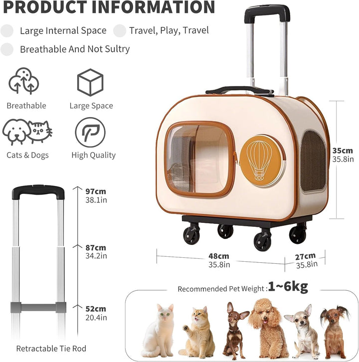 PETCUTE Hundetransportbox mit Rollen,Faltbarer Katzenrucksack mit Innerer Sicherheitsleine,Tragbar u