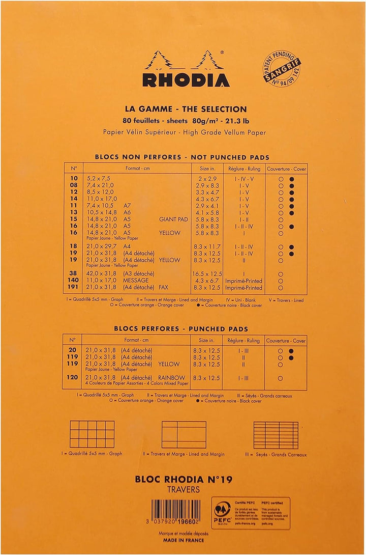 Rhodia 19660C - Packung mit 5 Notizblöcken geheftet No.19 A4+ 21x31,8cm 80 Blätter gelb liniert mit