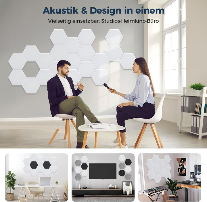 18 Stück Hexagon Akustikplatten Selbstklebend, 30 x 26 x 0,9 cm Hohe Dichte Akustikpaneele, Schallsc