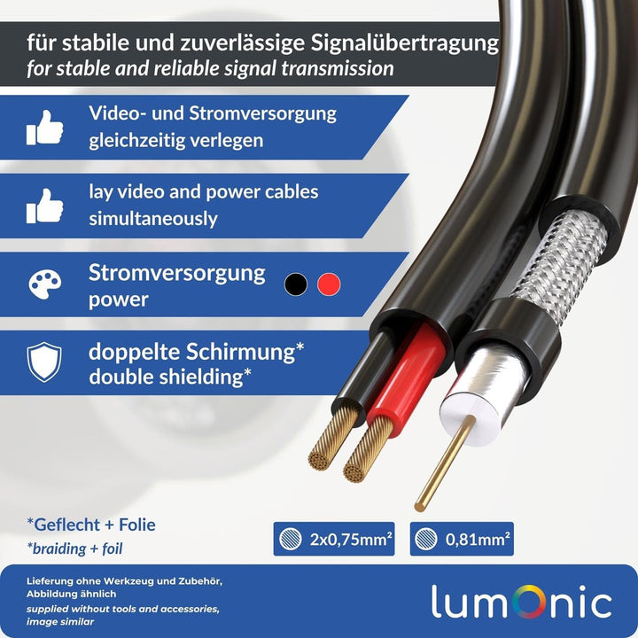 Lumonic RG59 RG59 Koaxialkabel + Stromleitung 50m | CCTV Überwachungskabel mit Power | 75 Ohm Kombik