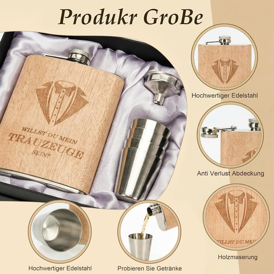 Flachmann Geschenkset 8oz mit Gravur – Edelstahl Flachmann, 4 Becher, Trichter & Geschenkbox für Tra