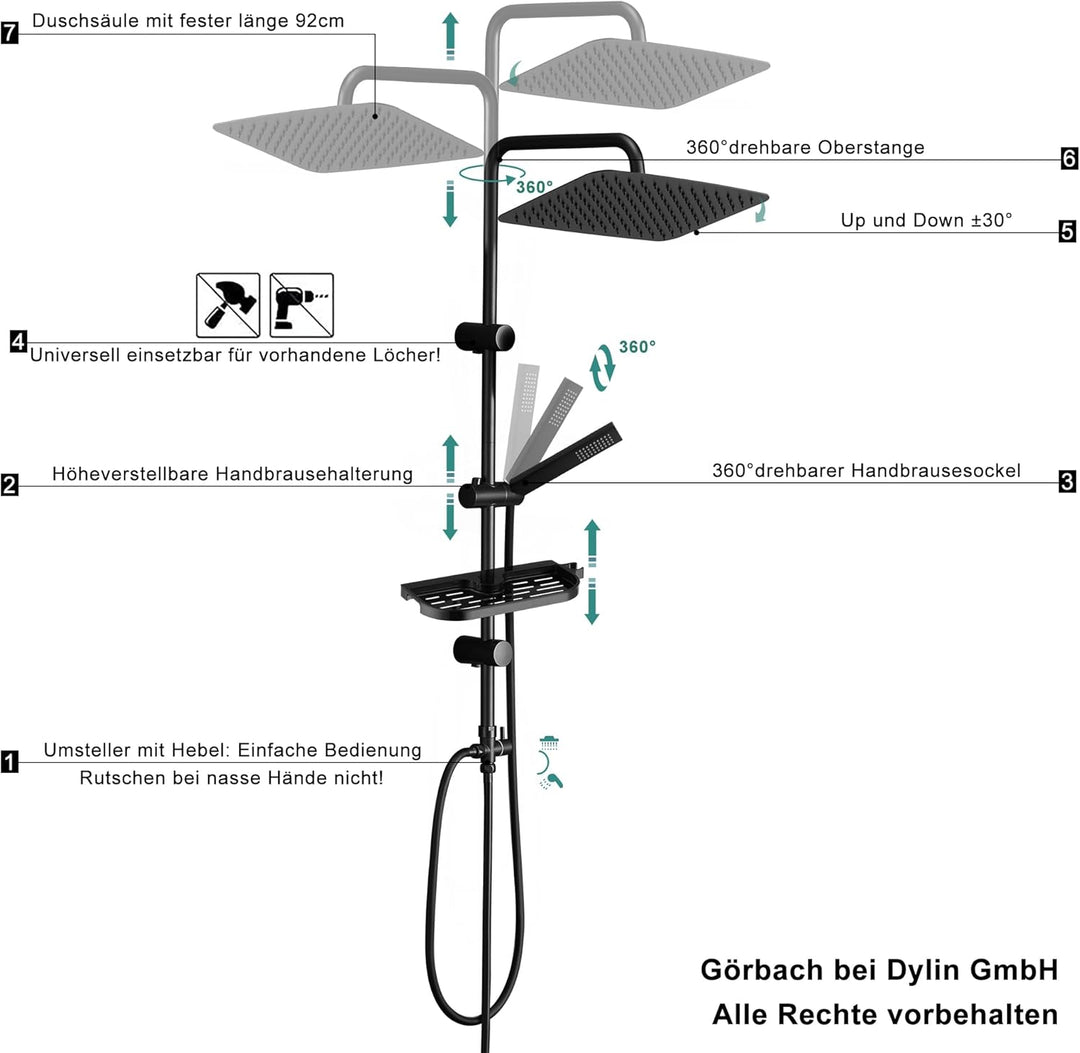 Görbach Regendusche Duschsystem mit Ablage, Wassersparend, Edelstahl Duschset ohne Armatur mit XXL K