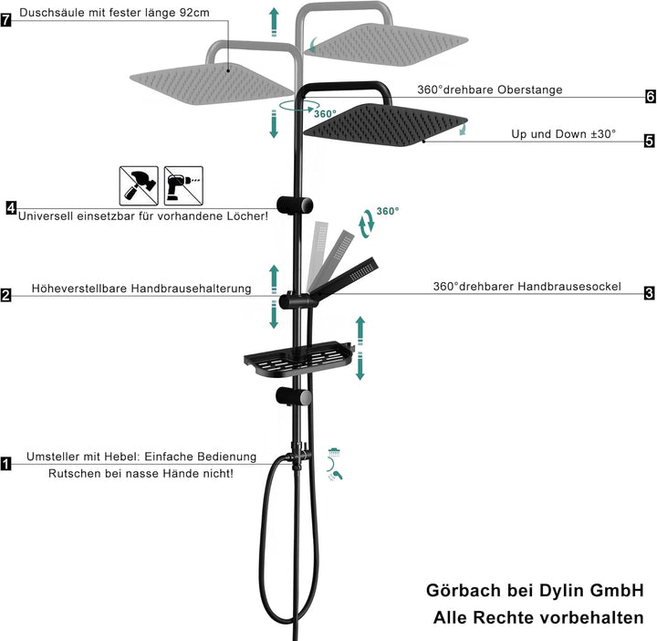 Görbach Regendusche Duschsystem mit Ablage, Wassersparend, Edelstahl Duschset ohne Armatur mit XXL K