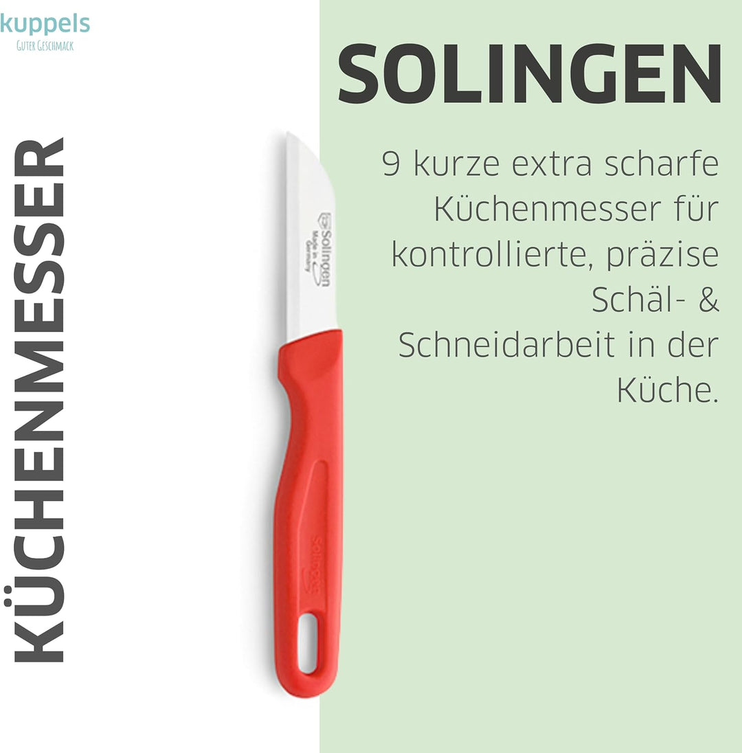 Kuppels SOLINGEN Küchenmesser Set 9 teilig rot, Kurze scharfe Küchenmesser aus 420HC Stahl, Gemüseme