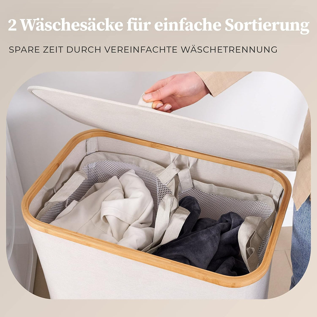 HENNEZ Wäschekorb mit Deckel 2 Fächer Wäschekorb Beige - Grau 140L Wäschesack schmal - Wäschesortier