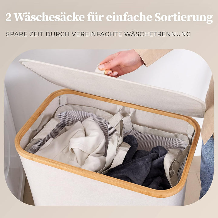 HENNEZ Wäschekorb mit Deckel 2 Fächer Wäschekorb Beige - Grau 140L Wäschesack schmal - Wäschesortier
