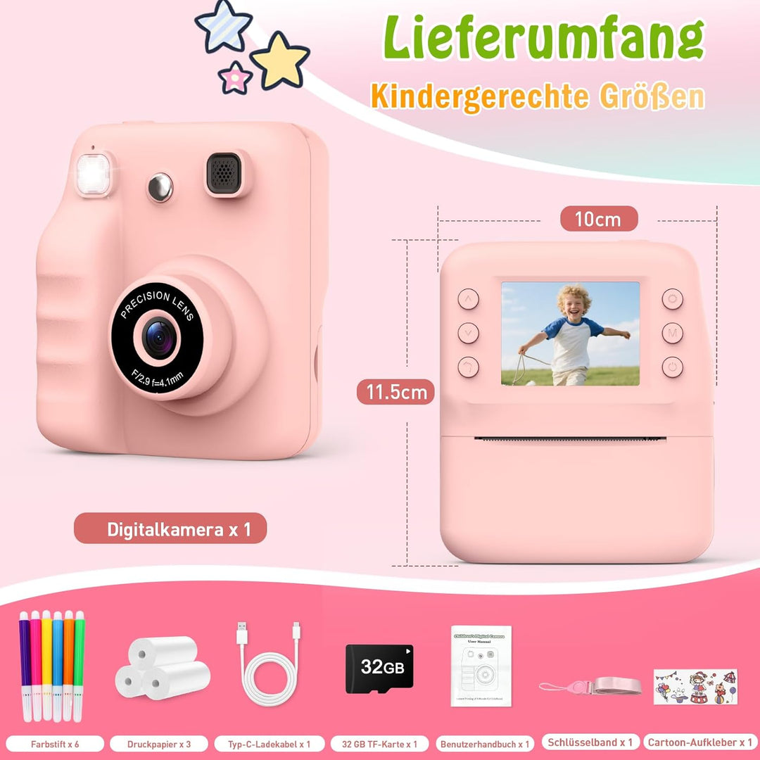 Kinderkamera Sofortbildkamera, Spielzeug ab 3-6 Jahren 2.4" HD Bildschirm Kinderkamera mit 32 GB Ges