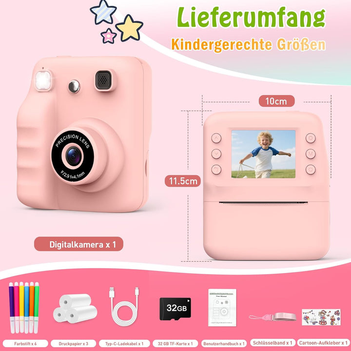 Kinderkamera Sofortbildkamera, Spielzeug ab 3-6 Jahren 2.4" HD Bildschirm Kinderkamera mit 32 GB Ges
