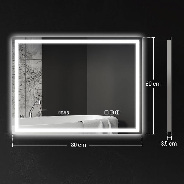 HOMCOM Badspiegel mit Beleuchtung 80x60 cm LED Spiegel Wandspiegel mit Bluetooth-Musikfunktion Memor