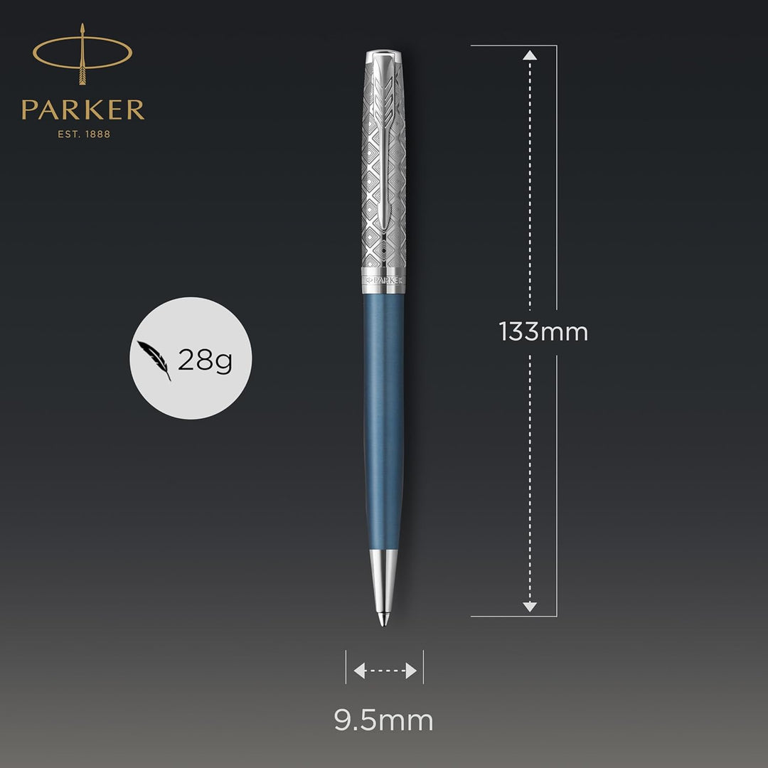 Parker Sonnet Kugelschreiber , Premium Metal & Blue Satinierung mit Chromverkleidung , Medium Spitze