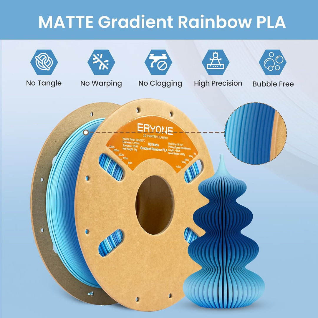 ERYONE Matte PLA 3D Drucker Filament 1.75mm, Matte Gradient Rainbow PLA, Massgenauigkeit +/- 0.03 mm