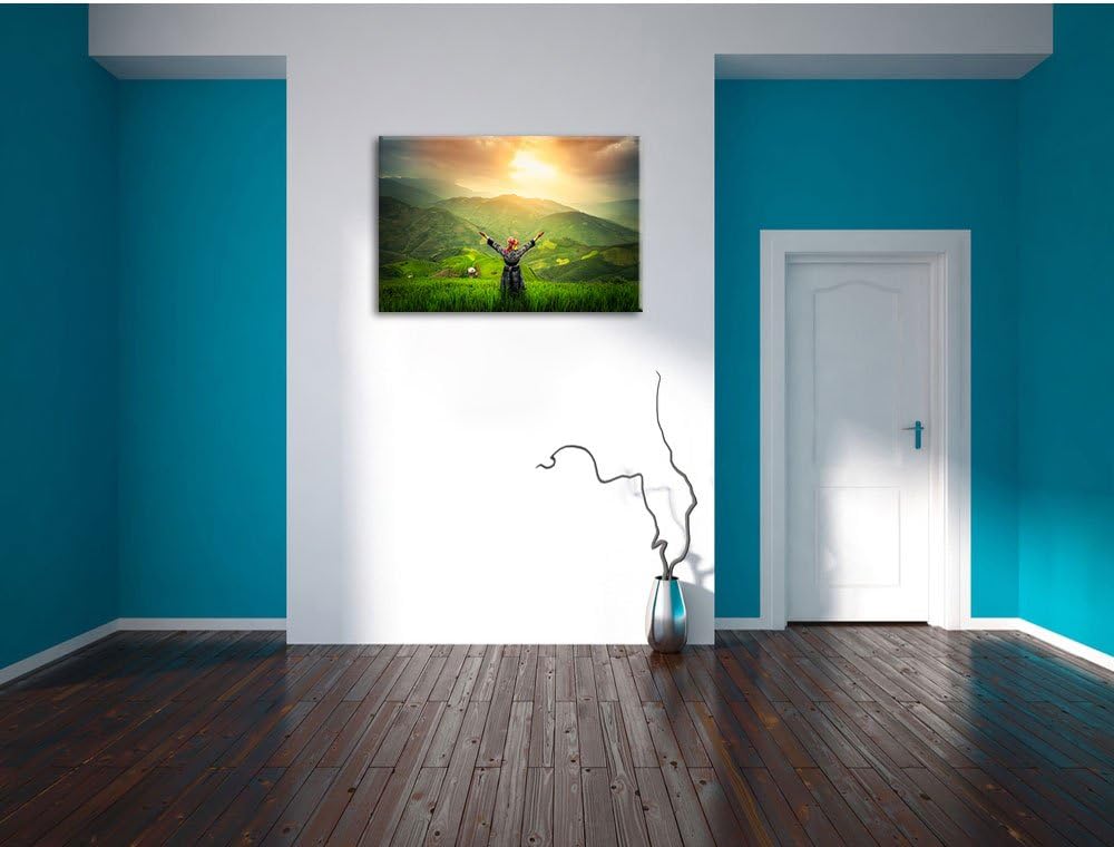 Pixxprint asiatische Berg Farm als Leinwandbild/Grösse: 100x70 cm/Wandbild/Kunstdruck/fertig bespann