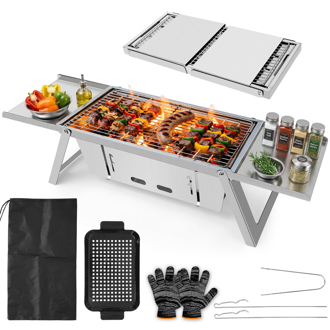 E EASTSTORM Camping Grill, Klappgrill Holzkohlegrill mit 4-stufiger Hitzeverstellung, Mini Tischgril
