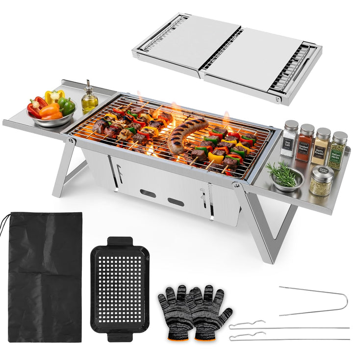 E EASTSTORM Camping Grill, Klappgrill Holzkohlegrill mit 4-stufiger Hitzeverstellung, Mini Tischgril